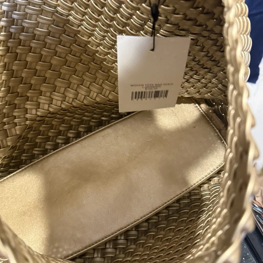 Large Woven Tote Bag Metallic Gold Shoulder Bag Purse-New with Tags & Beautiful! - Picture 6 of 9